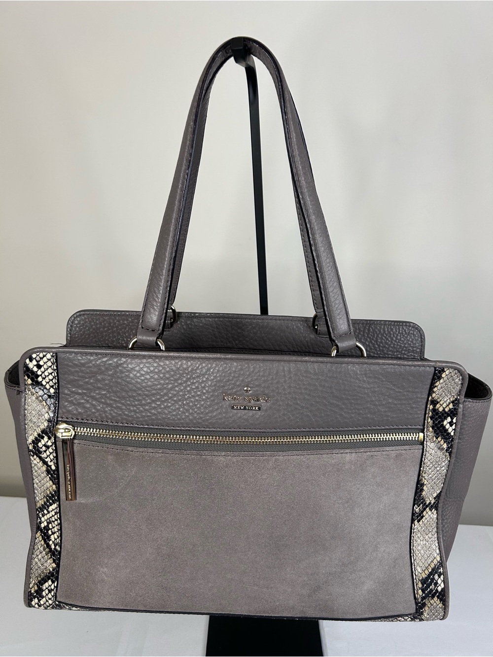 kate spade Gray Leather & Suede Tote with Snake-Print Trim